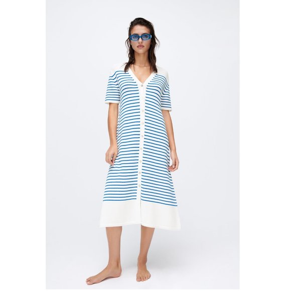 Zara Blue White Stripes Knit Oversized Midi Summer Button Up Dress P1657 - Picture 1 of 11